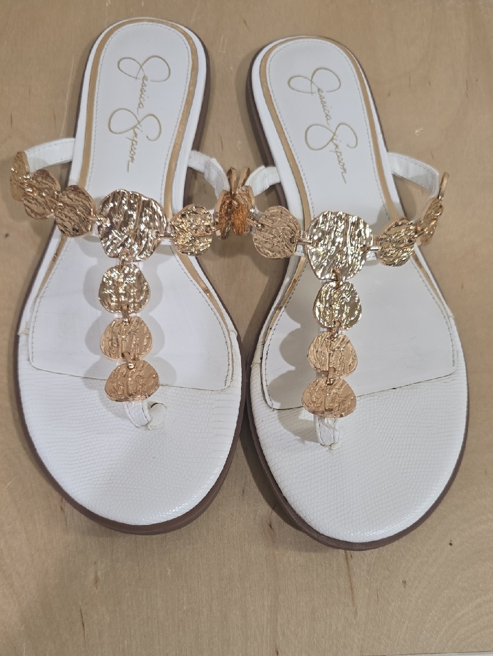 Jessica Simpson White Sandals with Gold Medallion Accents